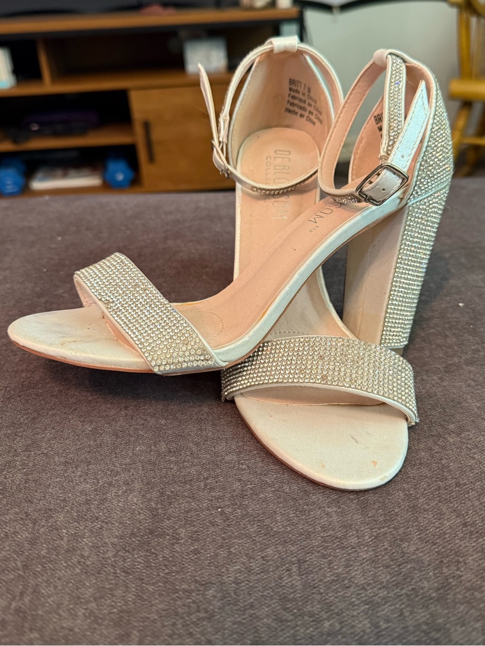 Embellished Blush Block Heel Sandals with Ankle Strap